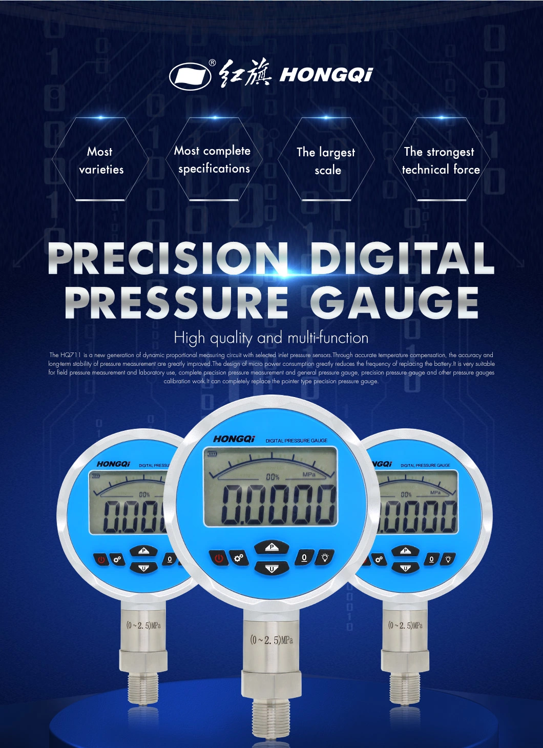 Hongqi Factory Price OEM High Precision Intelligent Digital Pressure Gauge with ISO9001/CE/RoHS